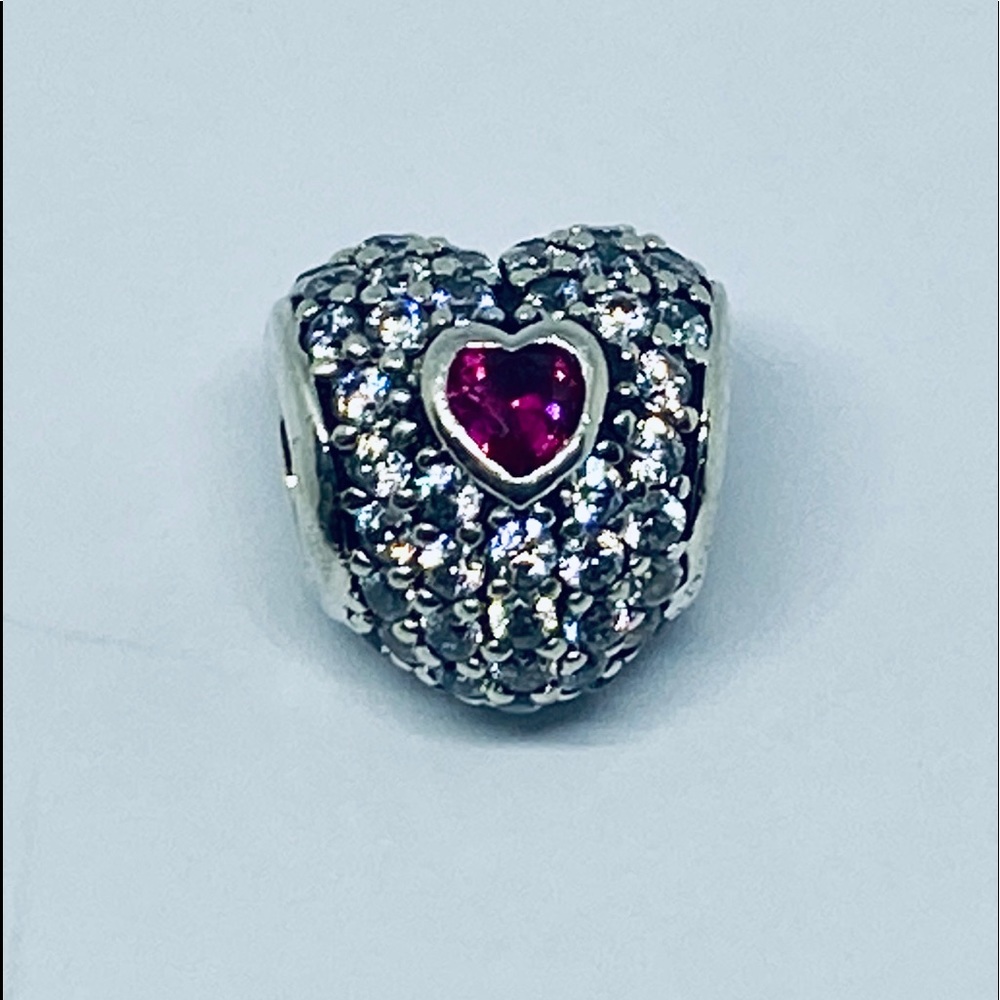 925 Sterling Silver Pave Red Cubic Zirconia Heart Bracelet Charm - Pandora Style - Picture 2 of 3